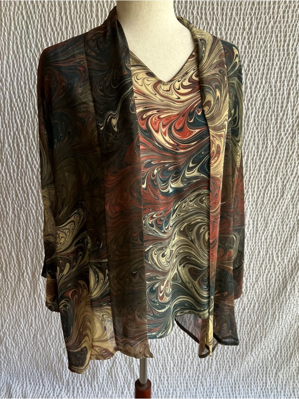 100% Silk 2pc Top Shirt Set Cardigan Colorful Susan Marling Originals Wrap S M